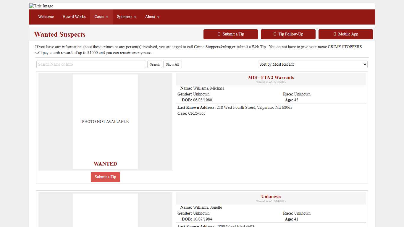 Wanted Suspects - Saunders County Crime Stoppers